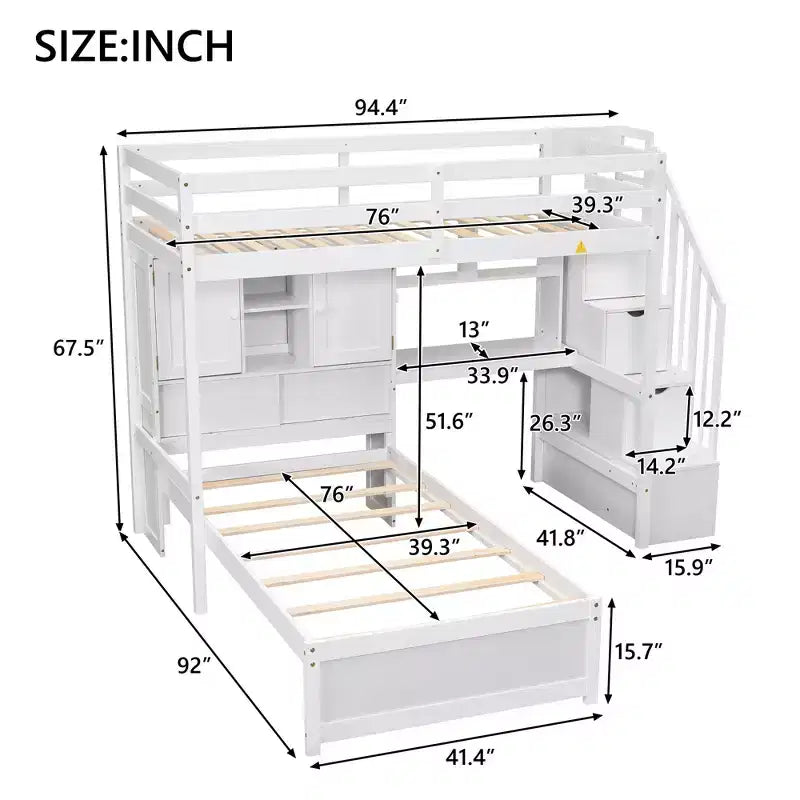 Lit superposé double en bois avec bureau et escalier, lit mezzanine double en L avec rangements et étagères