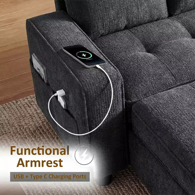 Divano Letto, Divano Estraibile a L da 81 pollici con Chaise Longue Reversibile e Contenitore/Porta USB/Tasca Laterale/Montaggio Senza Attrezzi, Velluto a Coste Beige