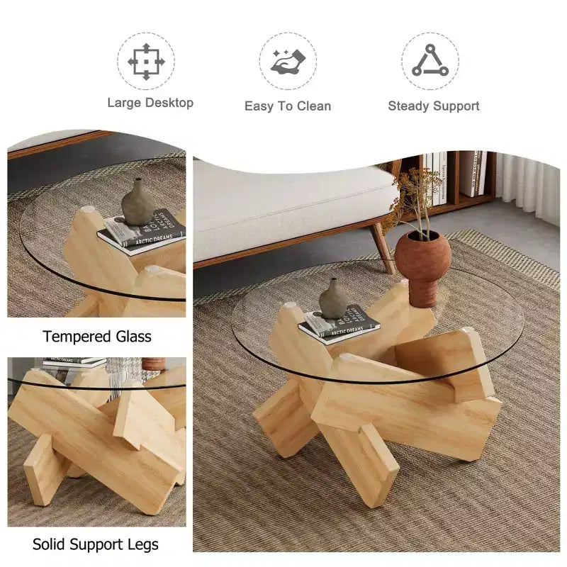 Tavolino da Caffè Rotondo Moderno in Vetro Okak, Tavolino da Tè Piccolo dal Design Distintivo con Gambe in Legno per Soggiorno, Reception, Ufficio, Casali