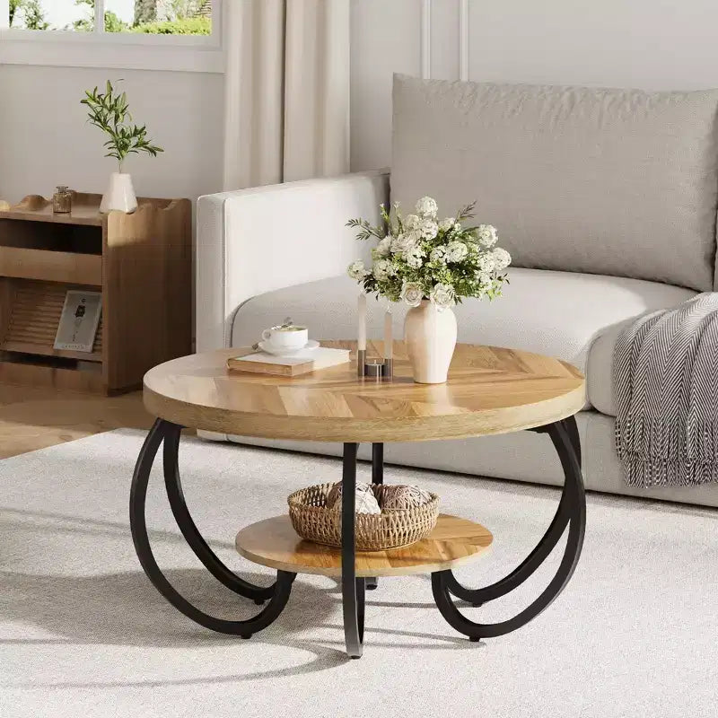 Tavolino Industriale Rotondo da 30 Pollici a 2 Livelli con Piedini Regolabili Ripiano Effetto Legno Design Fiamma Facile da Montare Soggiorno