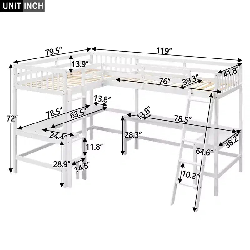 Letto a soppalco a L matrimoniale in legno da 119''L 79.5''W con scaletta e 2 scrivanie a L integrate