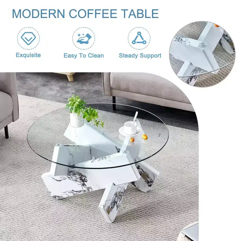 Tavolino da Caffè Rotondo Moderno in Vetro Okak, Tavolino da Tè Piccolo dal Design Distintivo con Gambe in Legno per Soggiorno, Reception, Ufficio, Casali