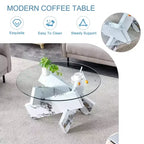 Tavolino da Caffè Rotondo Moderno in Vetro Okak, Tavolino da Tè Piccolo dal Design Distintivo con Gambe in Legno per Soggiorno, Reception, Ufficio, Casali
