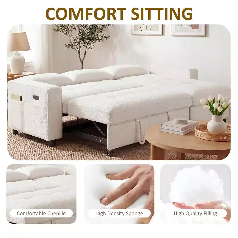 Divano Letto, Divano Estraibile a L da 81 pollici con Chaise Longue Reversibile e Contenitore/Porta USB/Tasca Laterale/Montaggio Senza Attrezzi, Velluto a Coste Beige