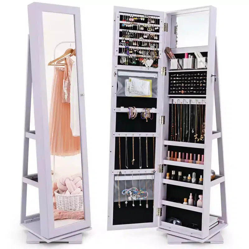 Costway Armoire à bijoux rotative à 360° 2-en-1 Organiseur miroir verrouillable Blanc/Noir/Marron foncé/Gris/Bleu/Rose/Violet/Gris foncé