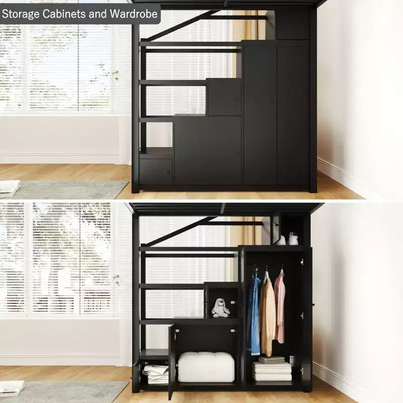 Lit mezzanine Queen Size en métal avec étagères de rangement, armoires et penderie
