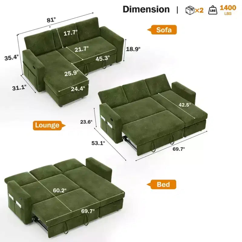 Canapé convertible 2 en 1 Dyonery avec méridienne de rangement, sectionnel en chenille avec ports USB pour salon