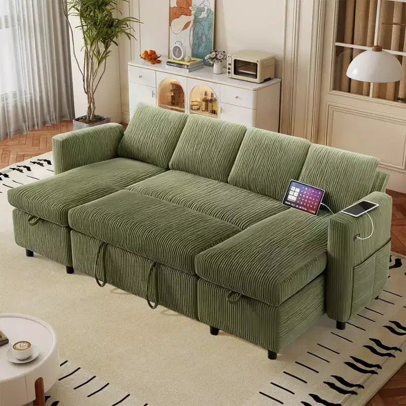 Divano letto estraibile a quattro posti Dyonery da 105 pollici con contenitore, tasche laterali, schienale regolabile, convertibile